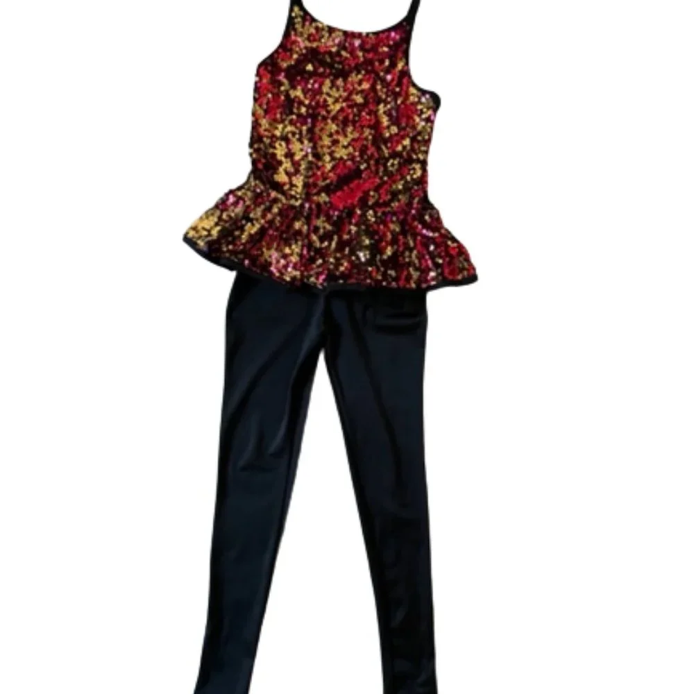Black Unitard with red & gold sequins.Dance/Performance Costume.  Size M